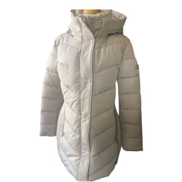 Andrew Marc cream Neutral Cozy Quilted  Faux Fur Trim Hooded Puffer Coat Sz XL - Picture 4 of 16